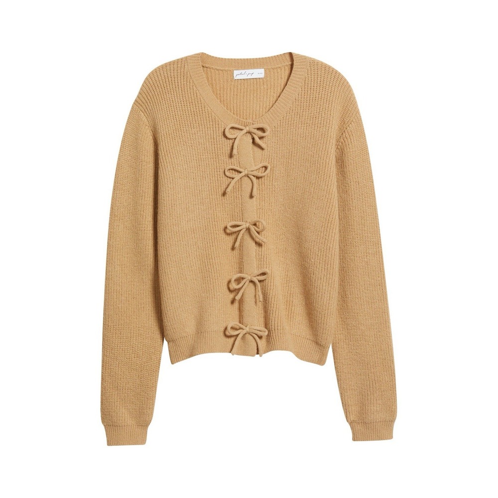 Petal + Pup Bow Front Cardigan Women S Tan Beige Knit Sweater Coquette Tie Front